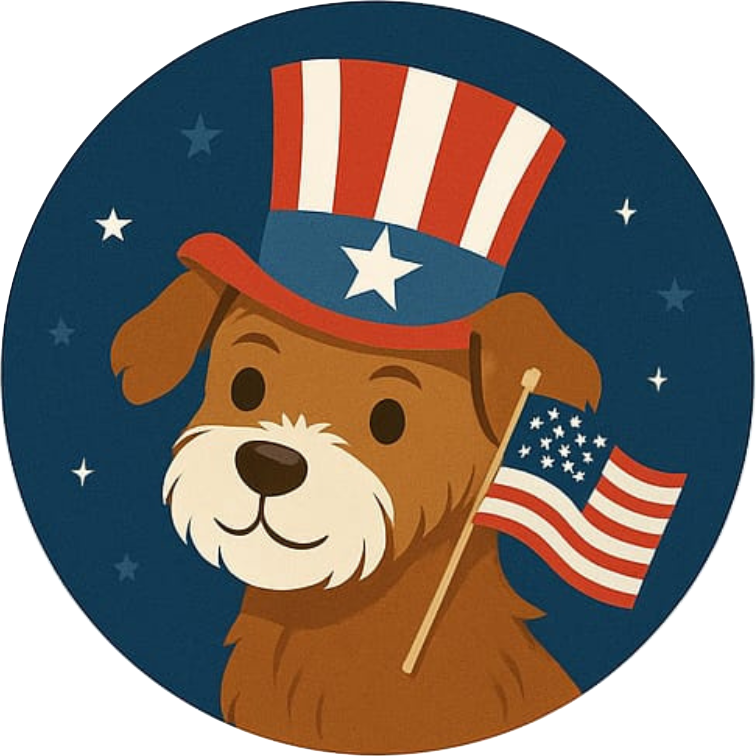 Lächelnder Hund mit Uncle-Sam-Hut auf rotem Kreis – niedliches Tiermotiv für patriotische Feiern.