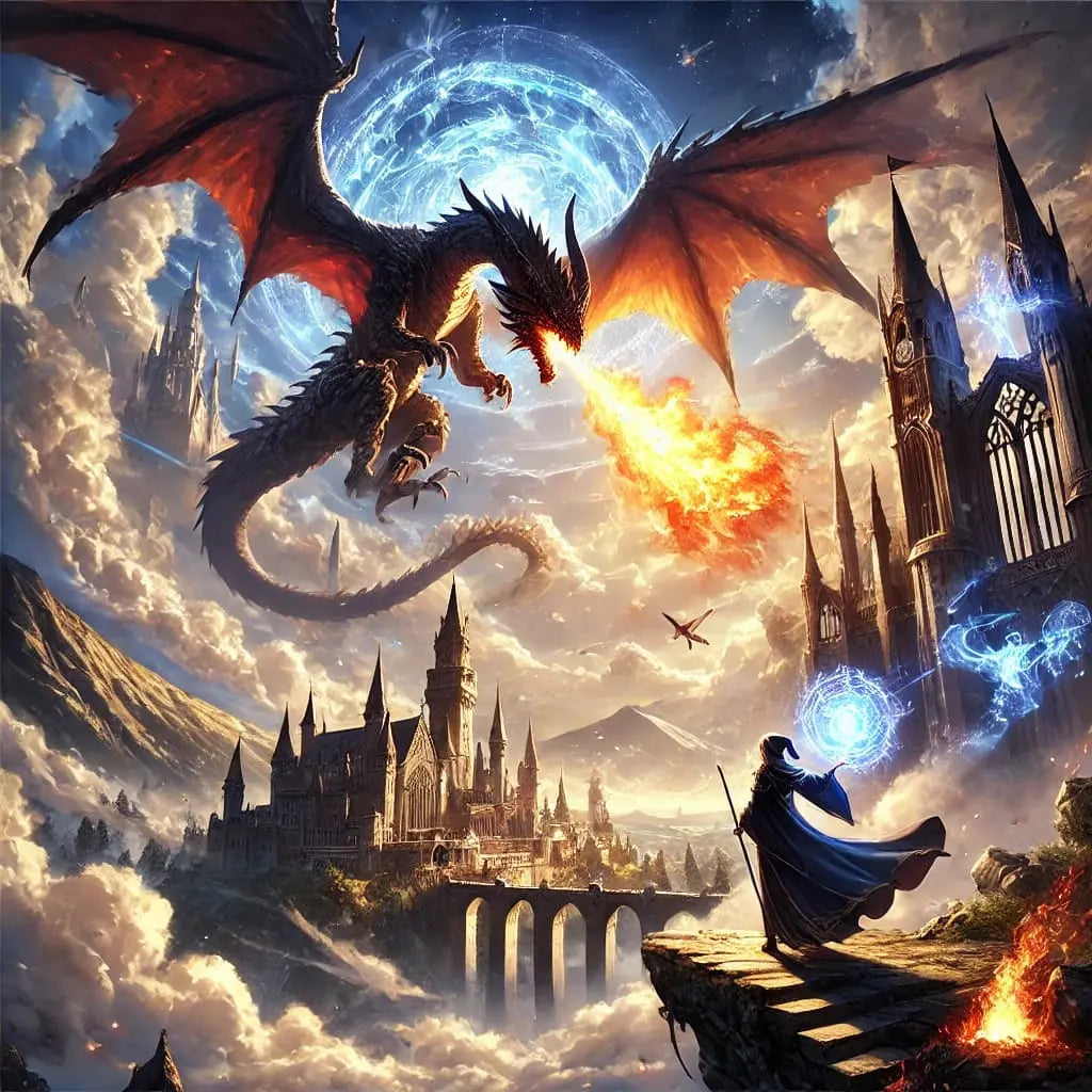 Eine Anime-Kriegerin steht einem Feuer speienden Drachen gegenüber in einer magischen Landschaft.