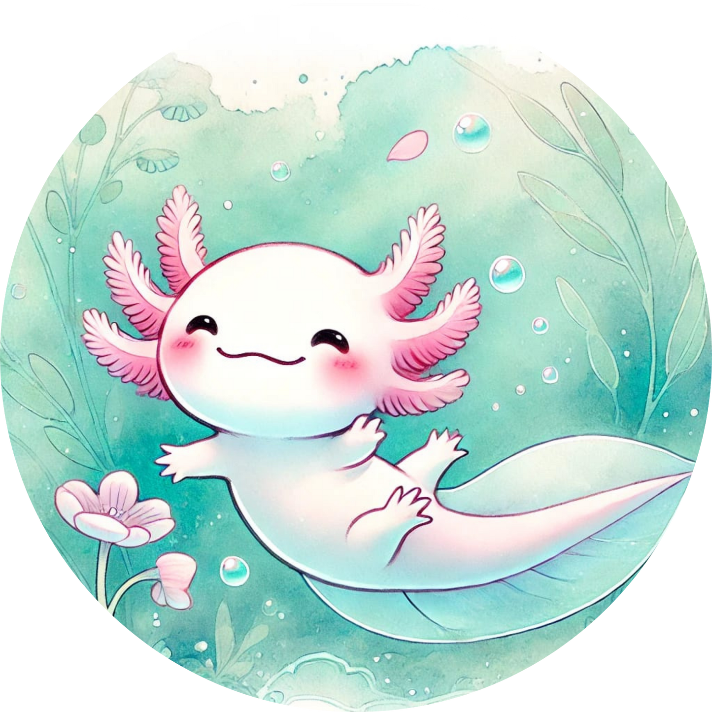 Fröhlicher Axolotl schwimmt in klarem Wasser mit Pflanzen und Blasen
Axolotl sitzt auf einem Stein mit Moos, Regenbogenfarben im Hintergrund
Lila Otterbaby mit großen Kulleraugen liegt auf funkelndem Hintergrund
Axolotl mit Lotusblüte auf dem Kopf lächelt verträumt in zarten Farben
Fröhlicher Otter paddelt mit einem Fisch in einem Boot auf dem Fluss