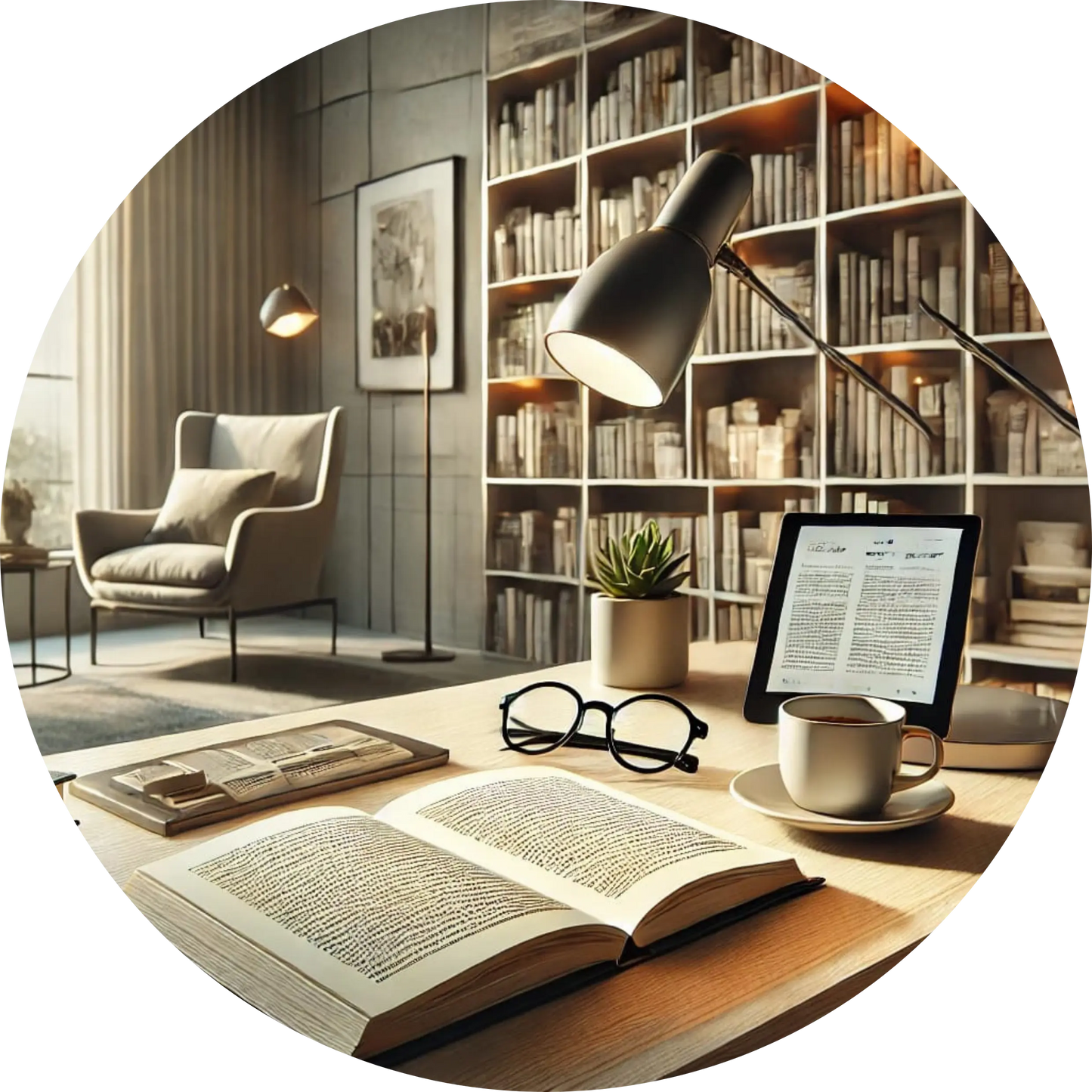 Lesesessel vor Bücherregal mit Leseecke
Warmes Wohnambiente mit Bücherwand, Sessel und Stehlampe – ideal für Leseratten und Buchliebhaber.