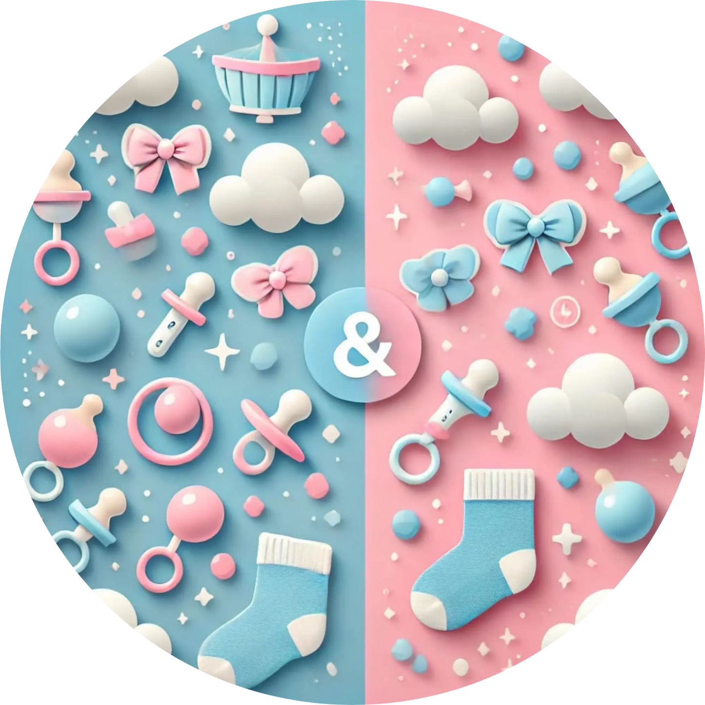 Rosa und blaue Babyartikel auf geteiltem Hintergrund – liebevolles Gender Reveal Design