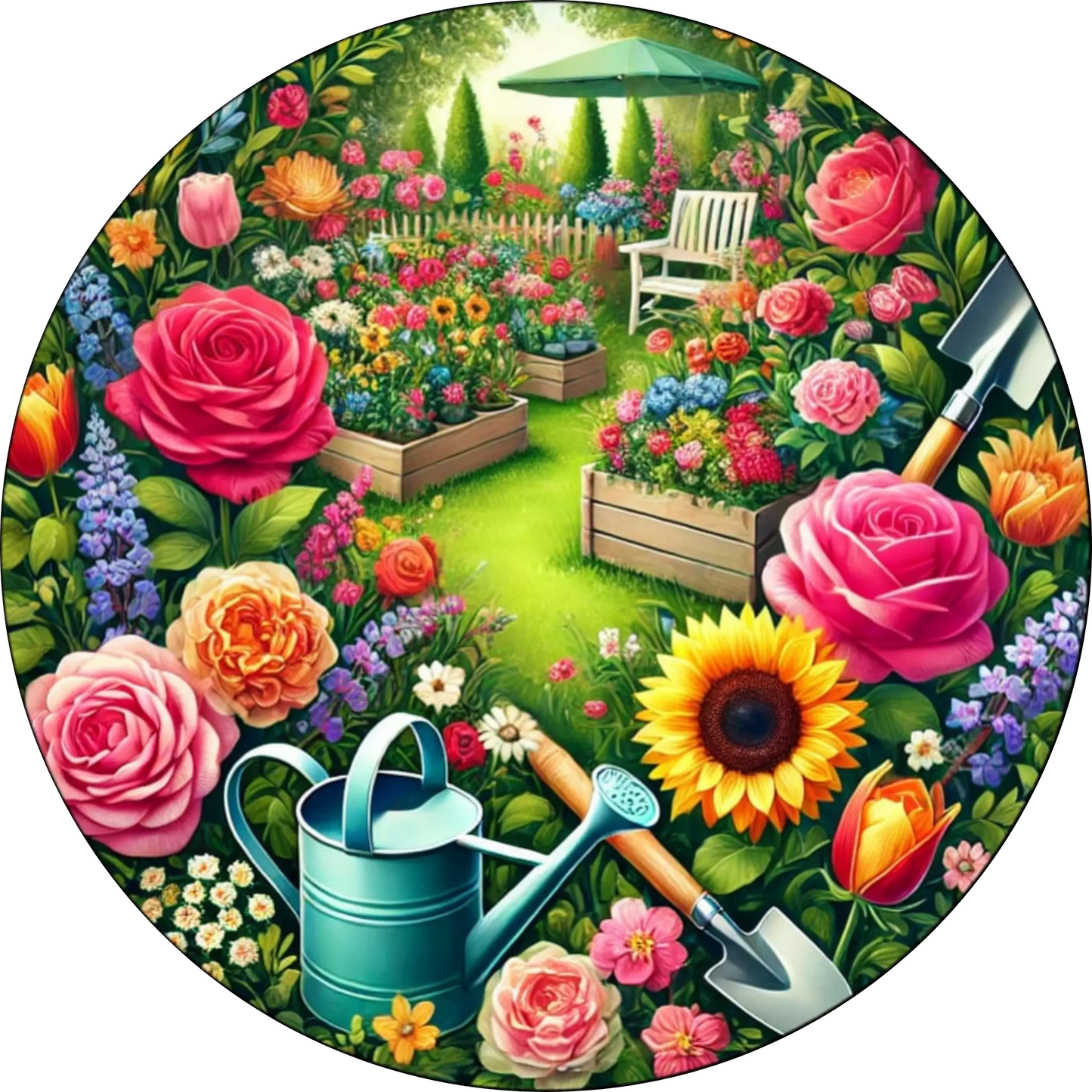 Blühendes Blumenbeet mit Gartengeräten
Farbenfrohes Blumenbeet mit Rosen, Sonnenblumen und Gartenwerkzeug – sommerlich und fröhlich für Floristik- oder Gartenfans.