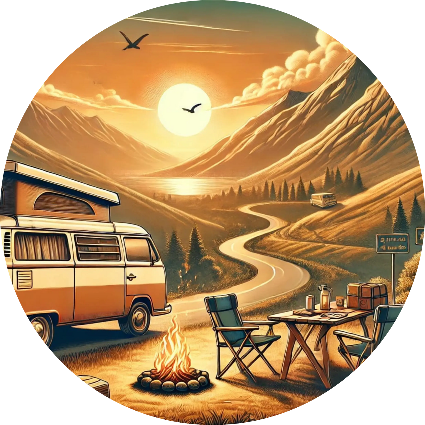 Campingplatz mit Wohnwagen, Lagerfeuer und Zelt in idyllischer Waldlandschaft bei Sonnenuntergang.
