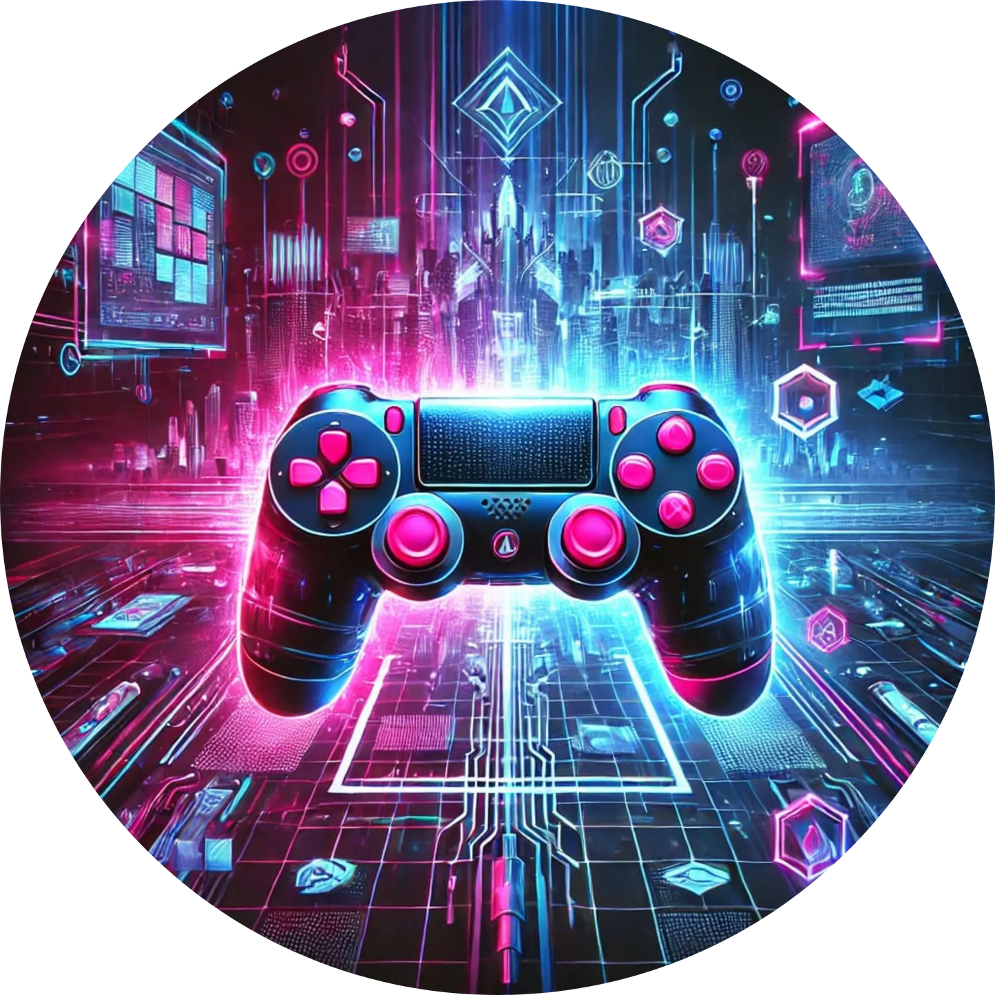 Neon-Playstation-Controller mit abstrakter Lichterkulisse im Hintergrund