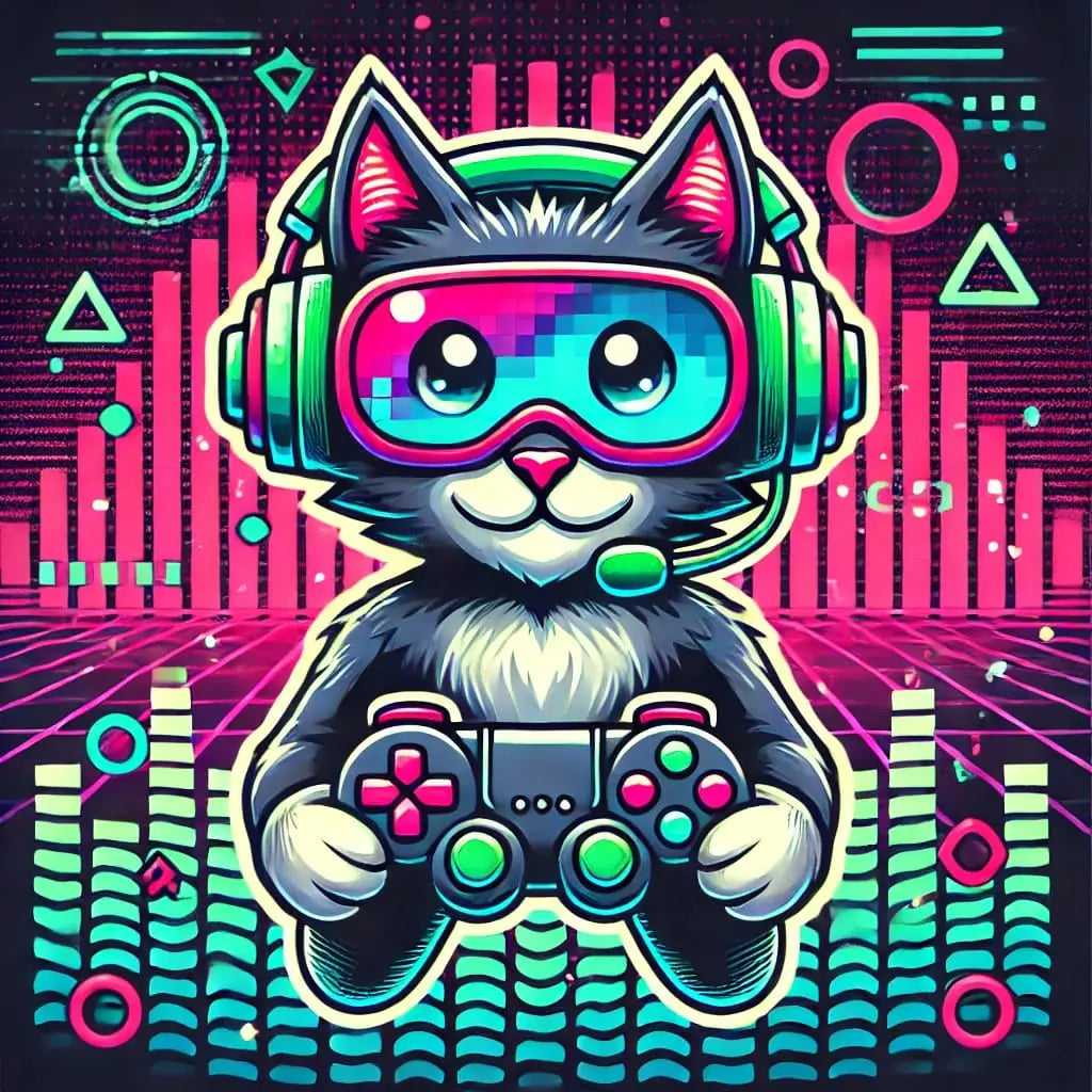 Cyberkatze mit Kopfhörern – Cartoonhafte, techno-futuristische Katze mit Kopfhörern und cooler Neonoptik.