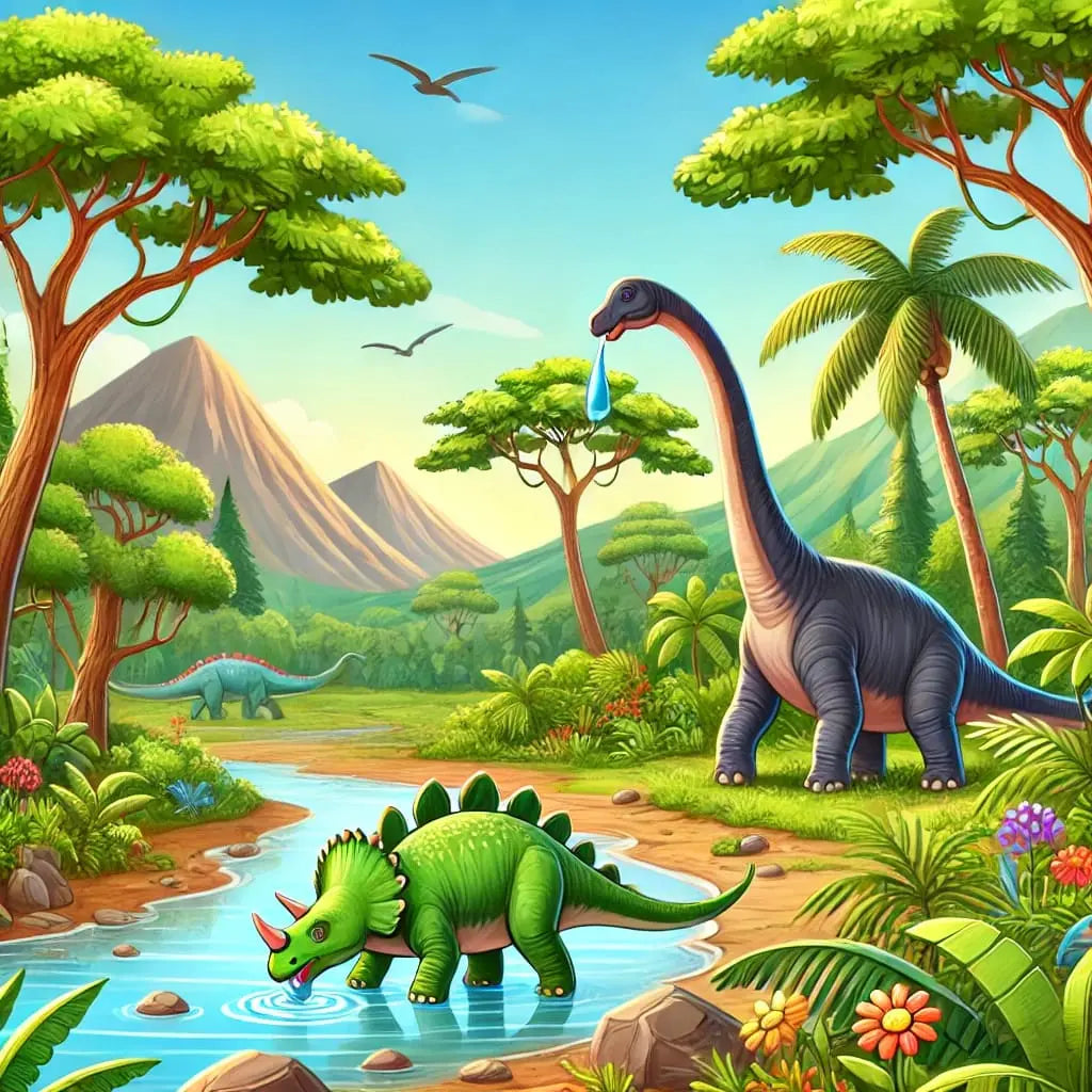Verschiedene Dinos in friedlicher Urzeitlandschaft mit Fluss und Bergen