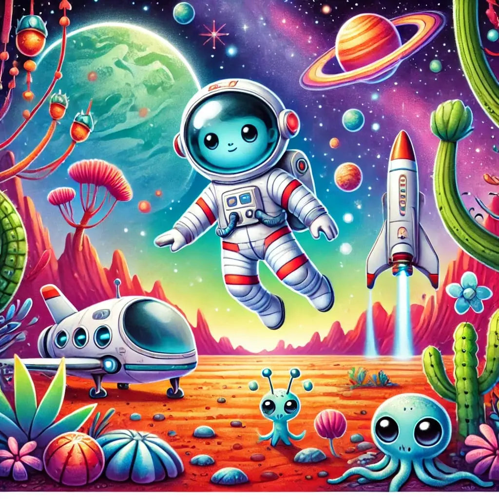 Mädchen im Raumanzug auf Entdecker-Tour auf fremdem Planeten mit bunten Alienwesen im Comicstil.