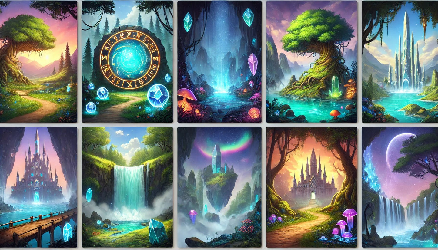 Fantastische Galerieansicht mit neun verschiedenen Fantasy-Landschaften und Symbolen.