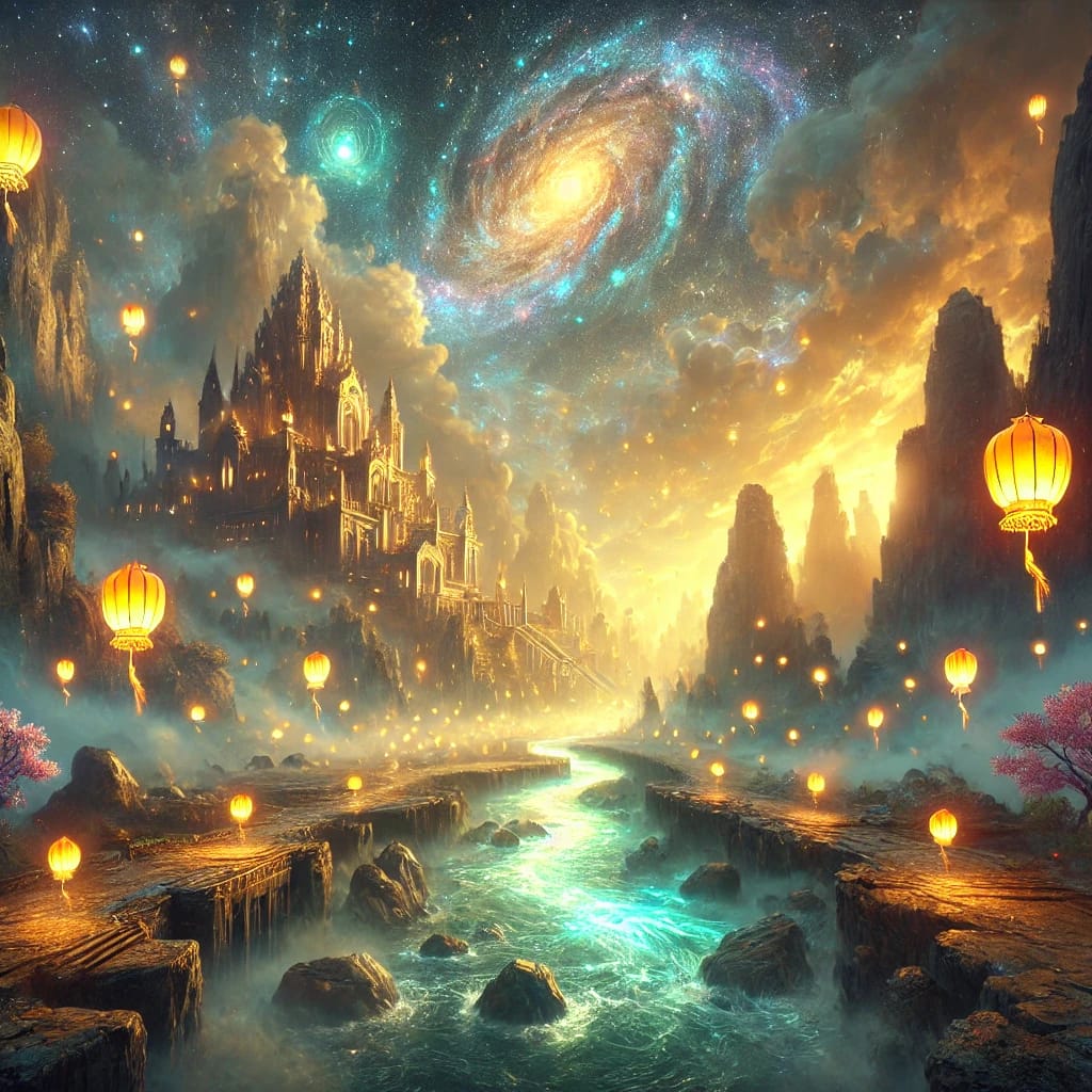 Fantasievolle Landschaft mit schwebenden Städten, Galaxien und leuchtenden Pfaden.