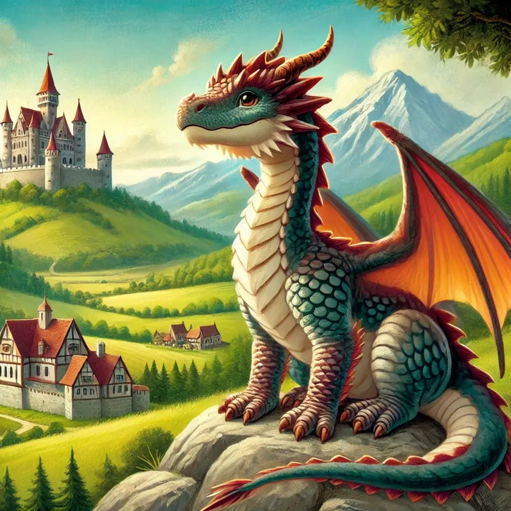 Farbiger Drache auf Hügel vor mittelalterlicher Kulisse