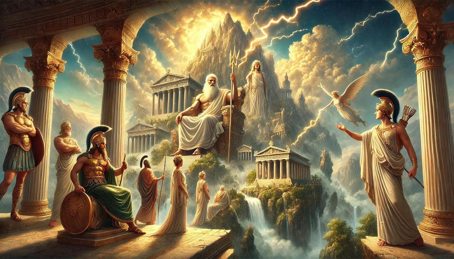 Majestätische Darstellung des Olymps mit den Göttern der griechischen Mythologie. Im Zentrum thront Zeus mit Blitzbündel, umgeben von weiteren Göttergestalten wie Hermes, Athena und Aphrodite. Antike Tempelarchitektur, Wasserfälle und himmlisches Licht verleihen dem Bild eine göttliche, erhabene Atmosphäre.