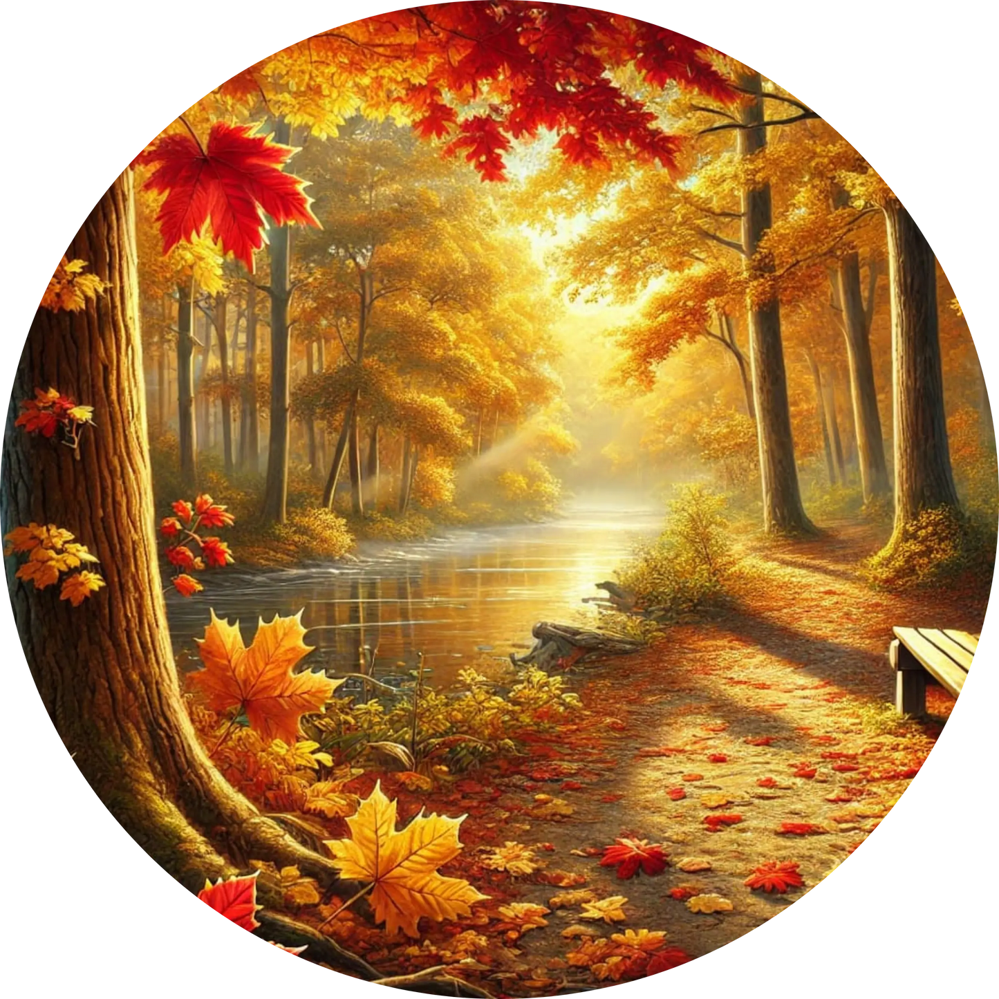 Herbstlicher Wald mit buntem Laub, leuchtend orangefarbenen Blättern und einem ruhigen Flusslauf bei Sonnenlicht.