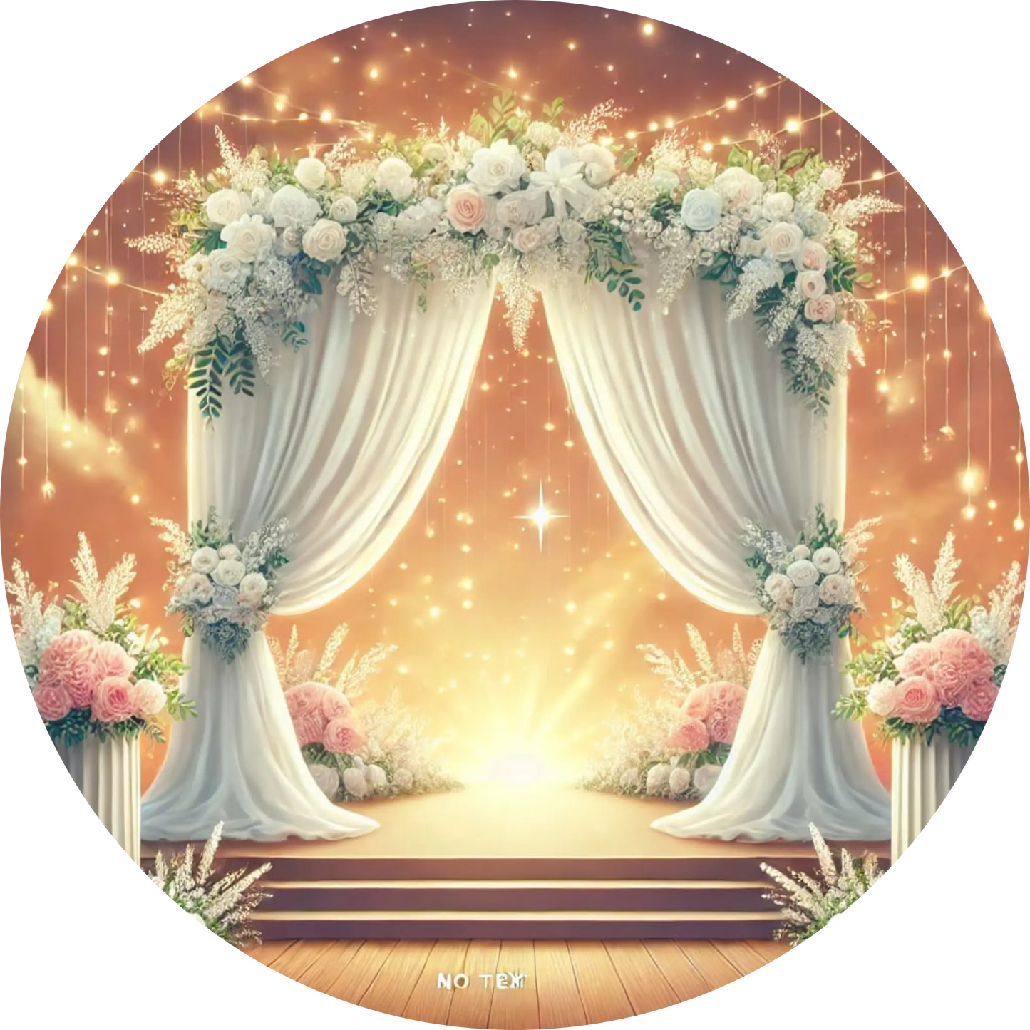 Traumhafter Hochzeitsbogen mit Lichterkette, Blumen und weichem Licht.