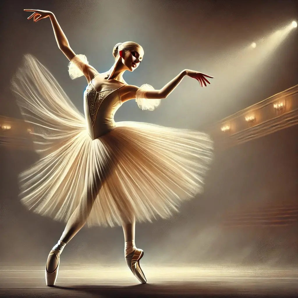 Tänzerin in Tutu bei Bühnenscheinwerferlicht – elegante Pose mit Ausstrahlung.