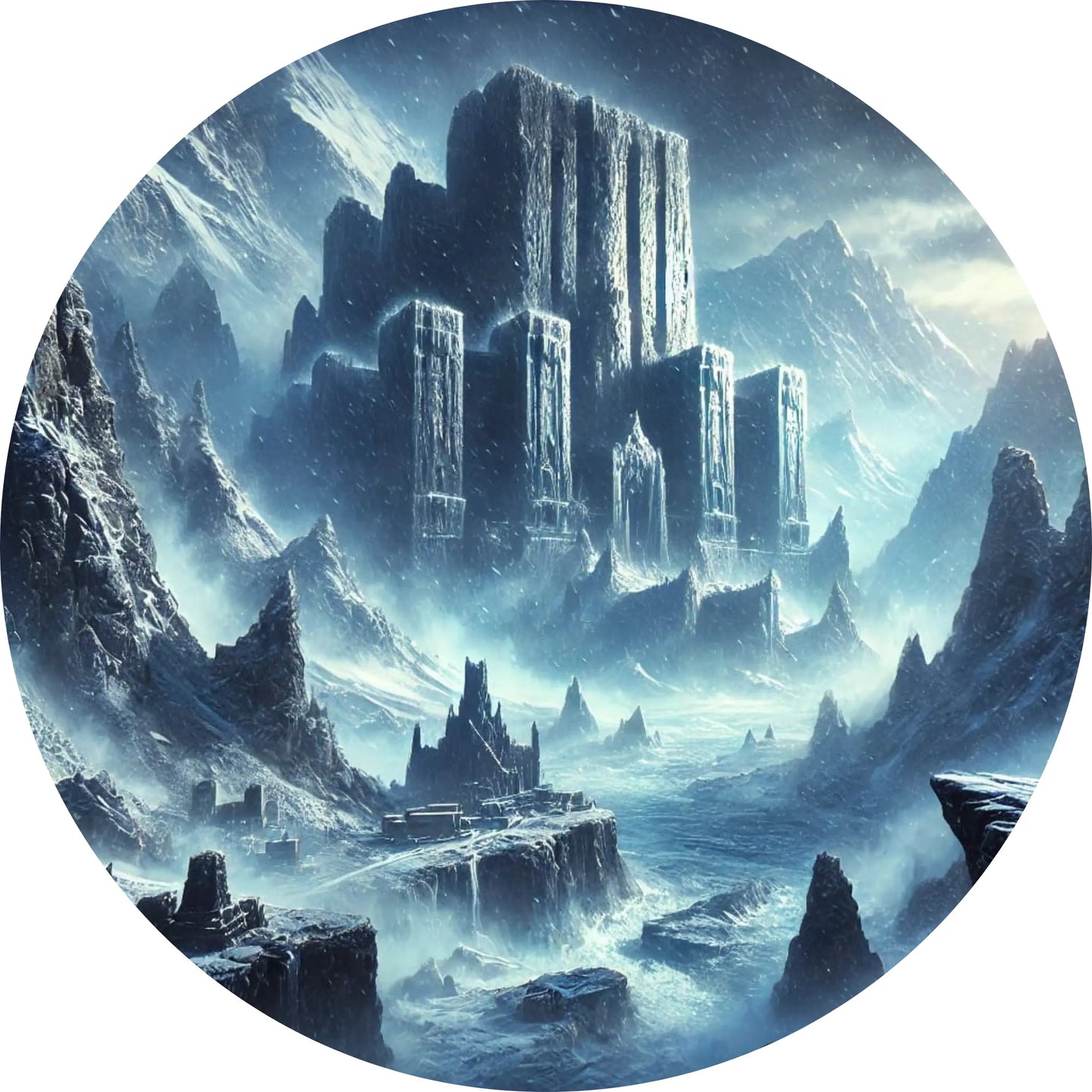 Gefrorene Festung in den Bergen – Darstellung einer eisigen Welt wie Jotunheim, dem Reich der Riesen.