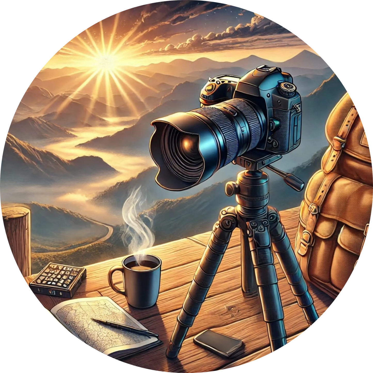 Profi-Kamera mit Teleobjektiv auf Stativ, im Hintergrund Sonnenuntergang über dem Meer.