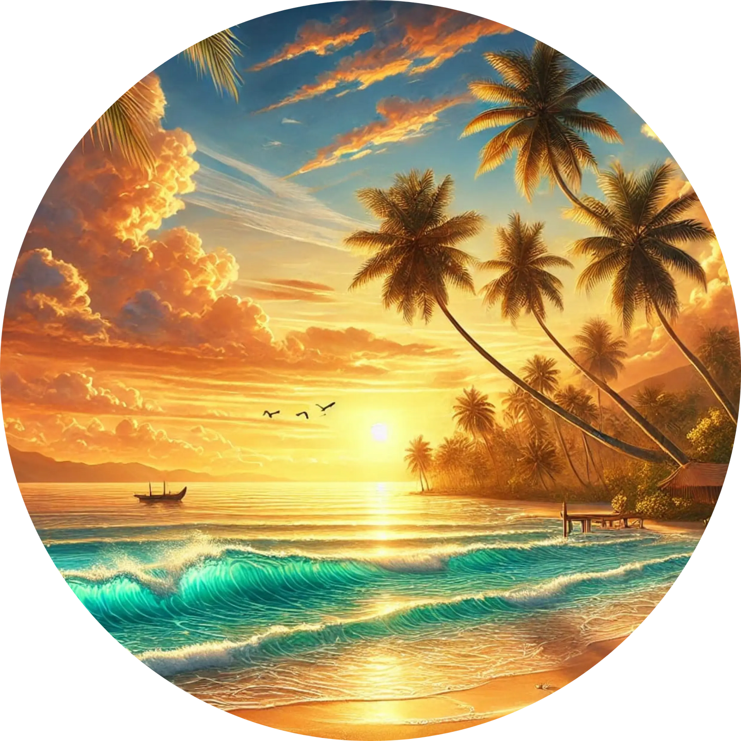Sonnenuntergang am Meer mit Palmen, leuchtendem Himmel und kleinen Booten auf den Wellen.