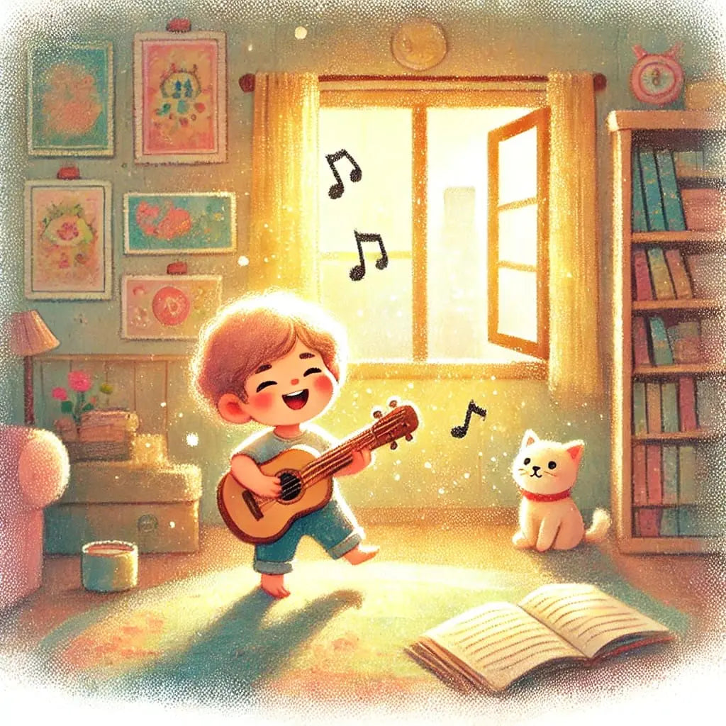 Kind sitzt im Musikzimmer und spielt Gitarre – gemütliche Atmosphäre.