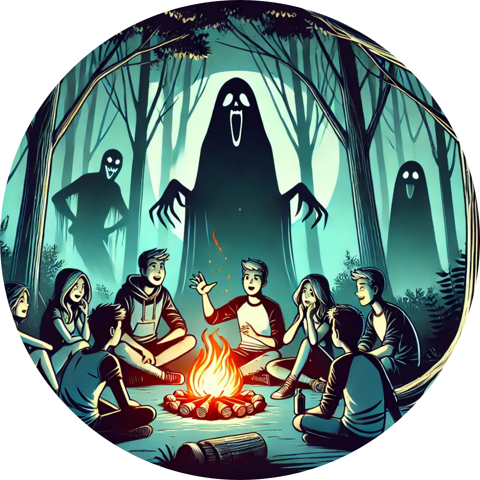 Jugendliche sitzen am Lagerfeuer, während Geister sie aus dem dunklen Wald beobachten