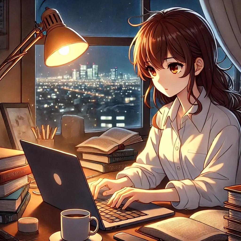Ein Manga-Mädchen arbeitet nachts konzentriert an einem Laptop, Licht einer Schreibtischlampe auf dem Gesicht.
Tags: Manga Schoolgirl, Lernen, Nacht, La