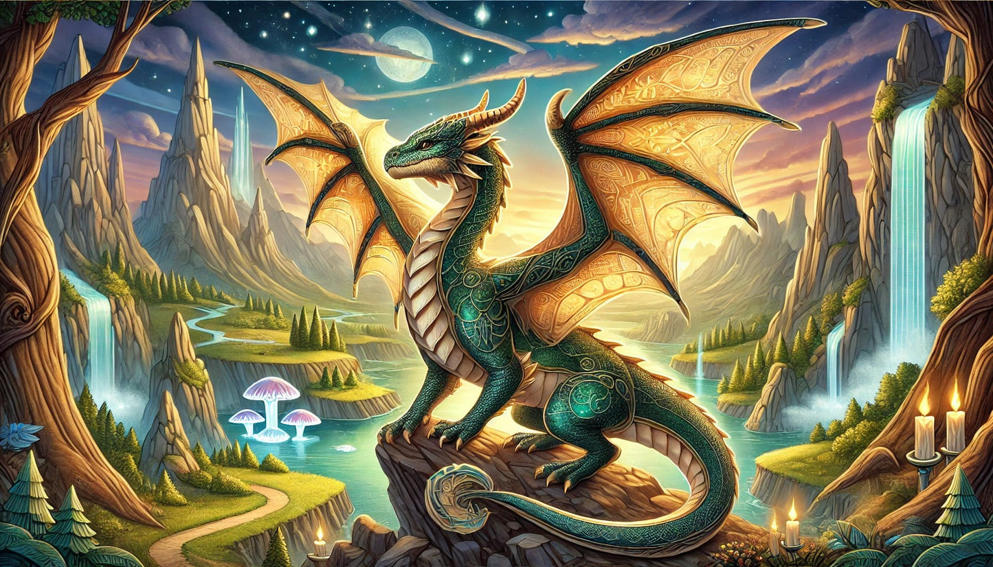 Majestätischer grüner Drache mit goldenen Flügeln sitzt auf einem Felsen in einer mystischen Landschaft mit Wasserfällen und Pilzen.