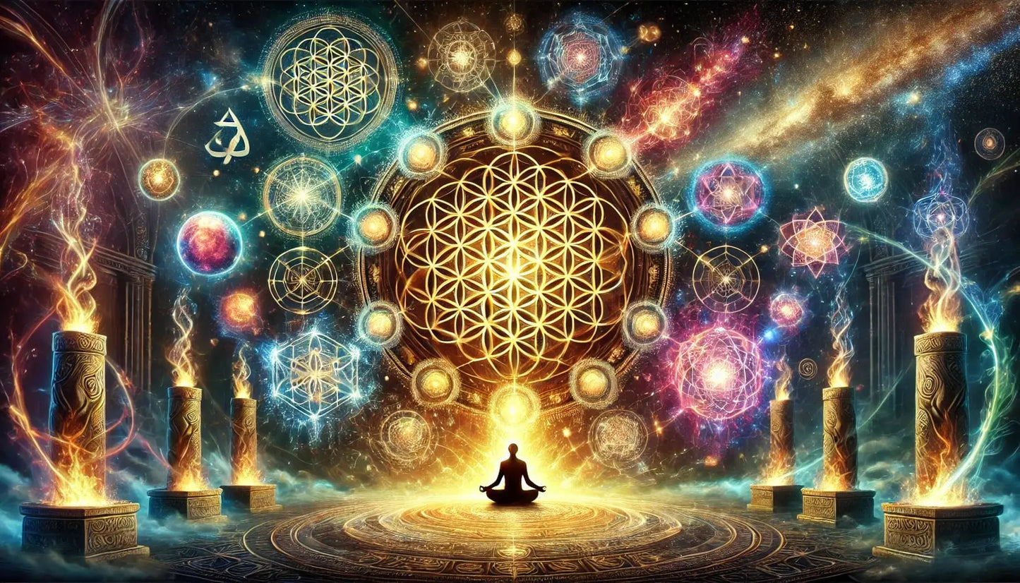 Meditation & Spiritualität:
Person in Meditationshaltung vor einem leuchtenden Mandala aus geometrischen Symbolen und Lichtenergie
