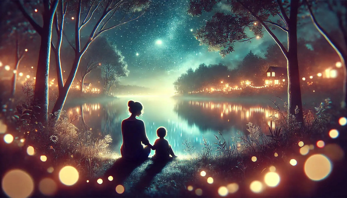 Silhouette einer Mutter mit Kind am Seeufer unter funkelndem Sternenhimmel und Lichterketten – stimmungsvolle Abendstimmung zum Muttertag