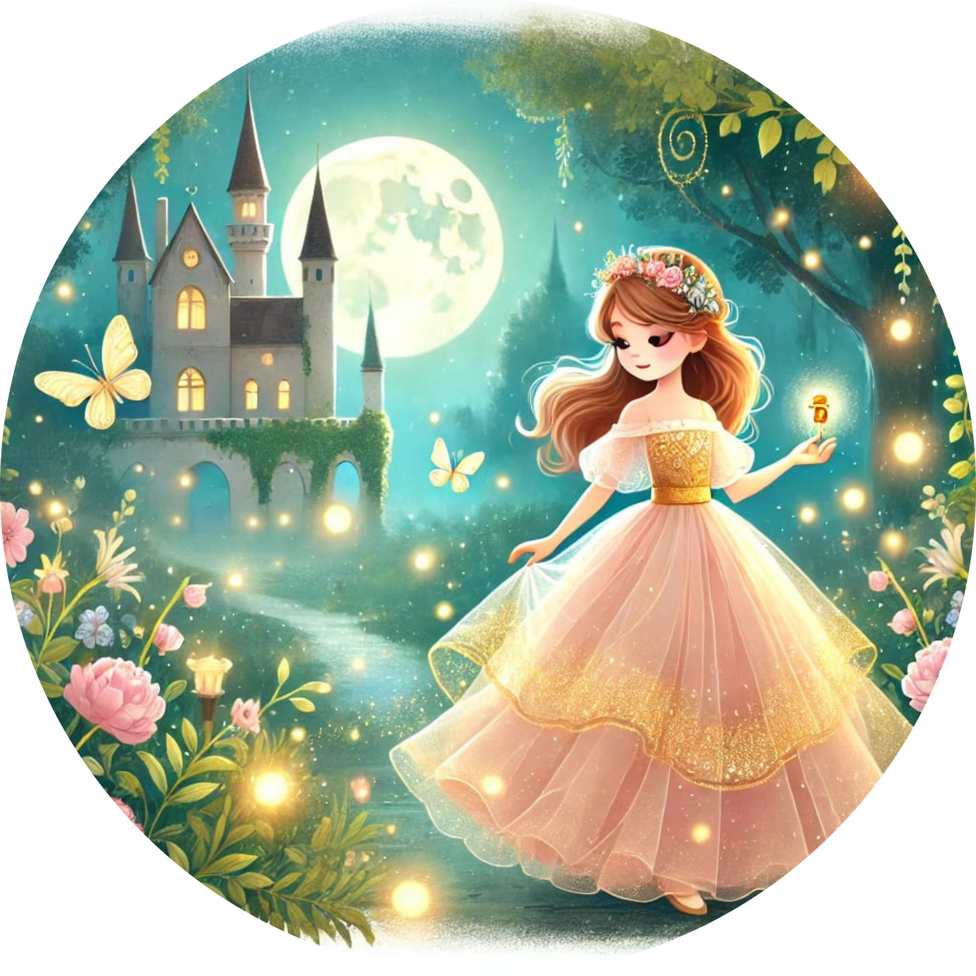 Prinzessin im rosa Kleid steht verträumt vor einem Schloss bei Nacht