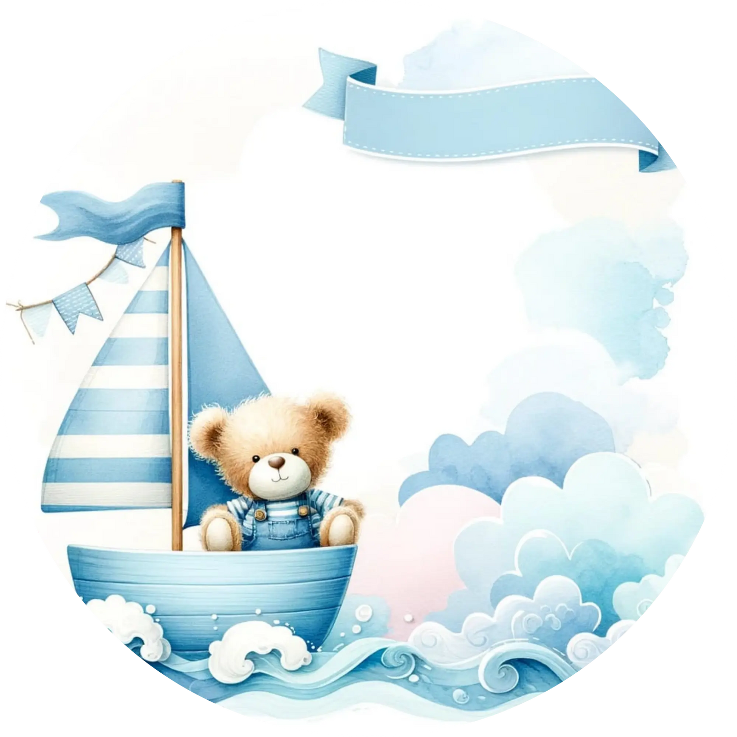 Teddy im Boot mit Wellen und blauem Banner – süßes Design für Jungen zur Geburt