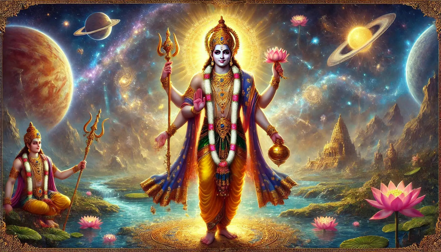 Spirituelle Darstellung der indischen Gottheit Vishnu – mit vier Armen, leuchtender Aura und universellen Symbolen im Hintergrund, stehend auf einer Lotusblüte im Weltall.