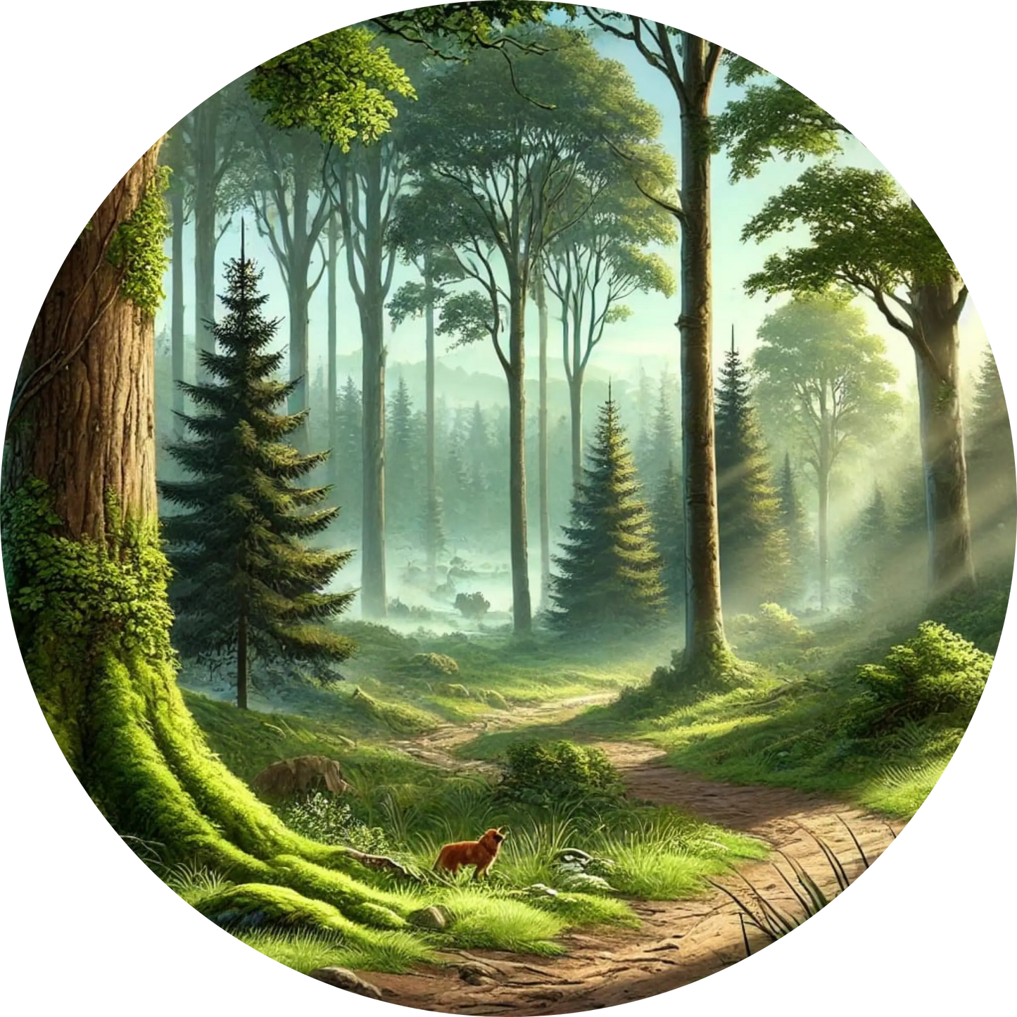 Märchenhafter Waldweg mit hohen Tannen, Lichtstrahlen und einem kleinen Reh am Wegesrand.