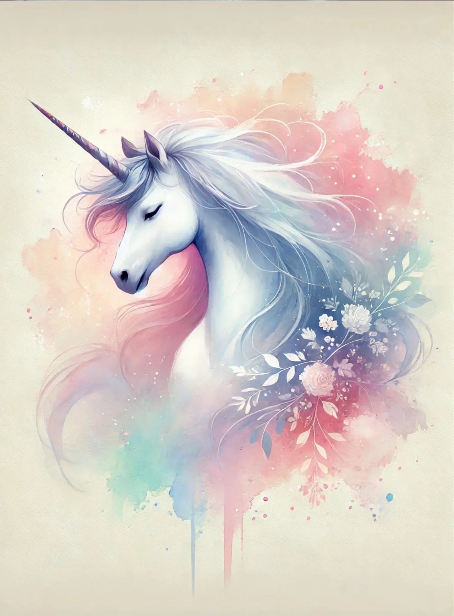 Zartes Einhorn mit Aquarelleffekt auf hellem Hintergrund – romantisch und pastellig.
