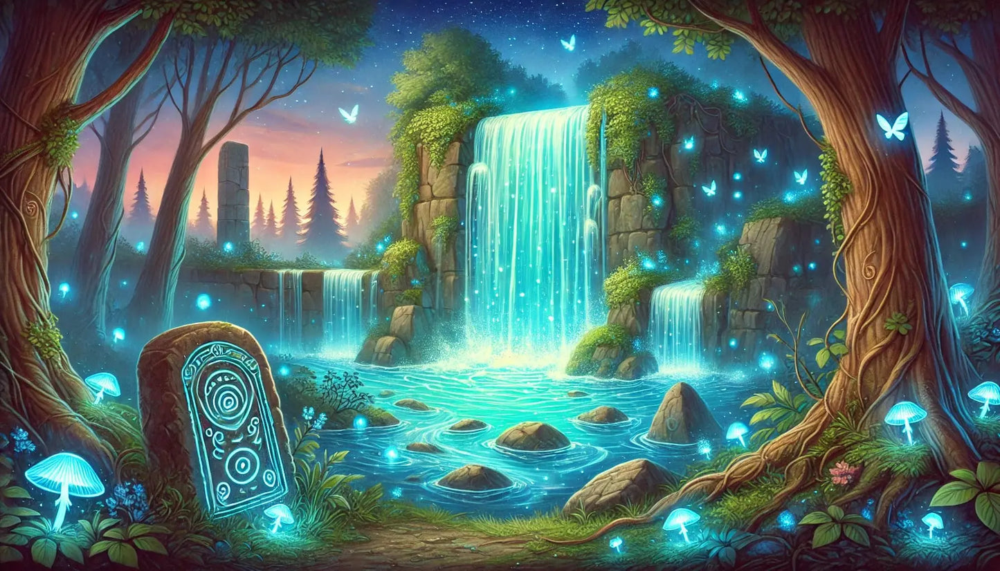 Verwunschene Waldszene mit leuchtenden Pilzen, Schmetterlingen und einem magischen Wasserfall bei Nacht.