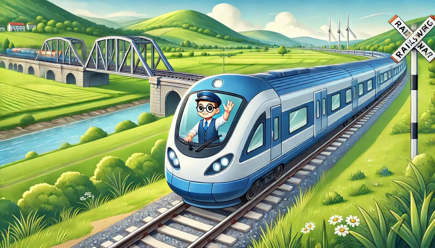 Moderner Zug fährt durch grüne Landschaft mit Bergen im Hintergrund.