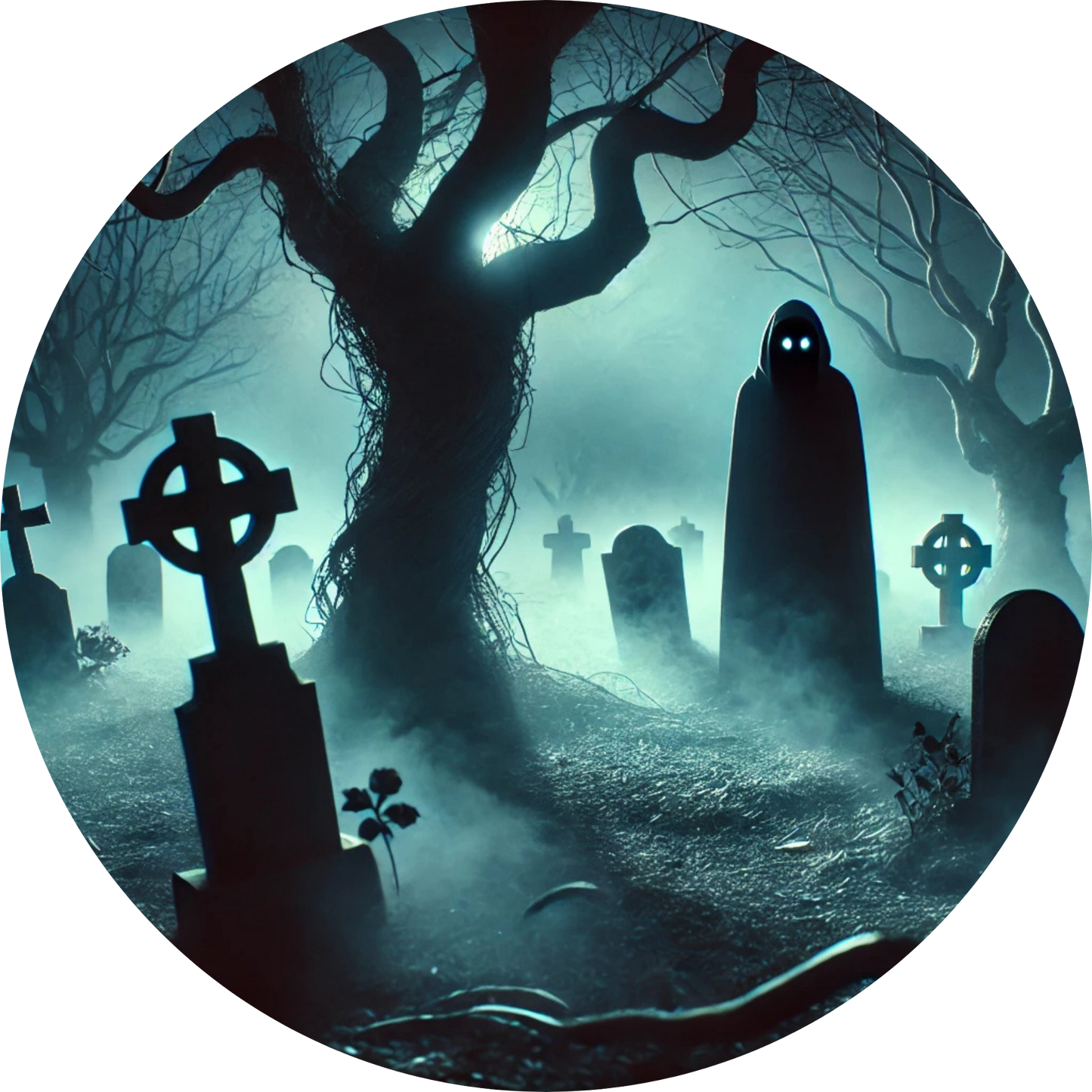 Friedhof bei Nebel mit gespenstischer schwarzer Gestalt zwischen Grabsteinen