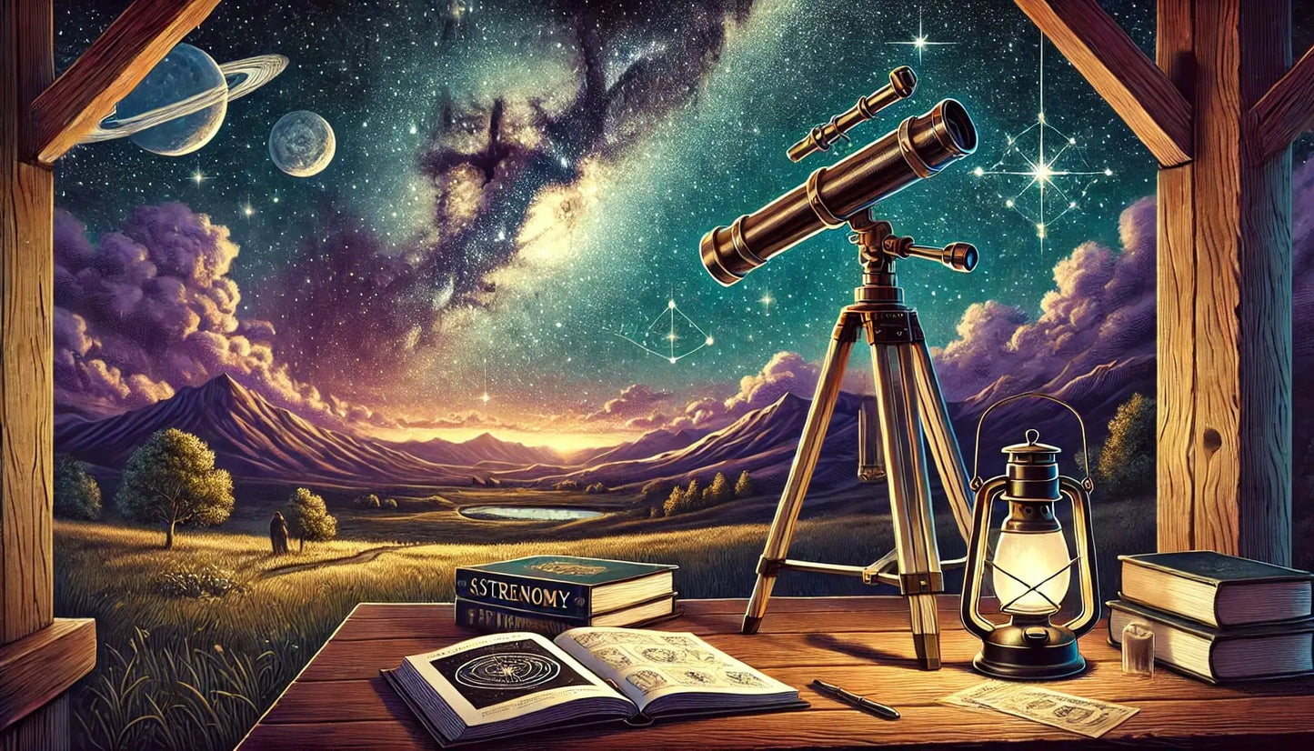 Astronomie (Wiederholung):
Teleskop unter funkelndem Sternenhimmel mit Saturn und Mond – für Sternengucker und Astro-Fans