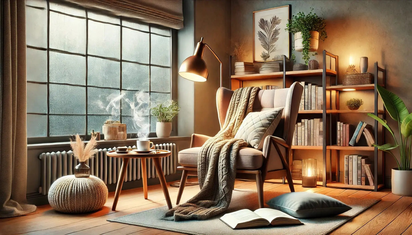 Lesen – gemütlich:
Gemütlicher Lesesessel mit Kissen, Decke, Bücherregal und dampfendem Tee – perfekte Leseecke