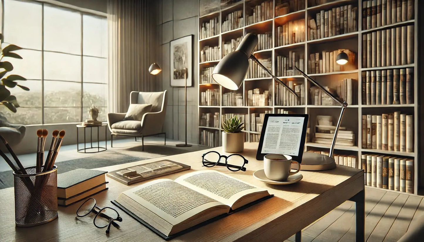Lesen – modern:
Aufgeschlagenes Buch mit Brille und Tablet auf Schreibtisch vor Bücherwand – digitales und analoges Lesen vereint
