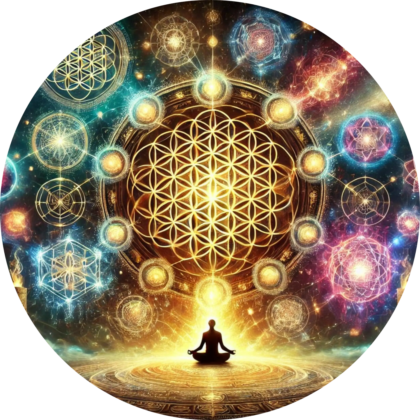 Meditierender Mensch im Zentrum von Geometrie & Farben
Spirituelles Meditationsmotiv mit Mandala-Struktur und leuchtenden Farben – für Balance & Achtsamkeit.