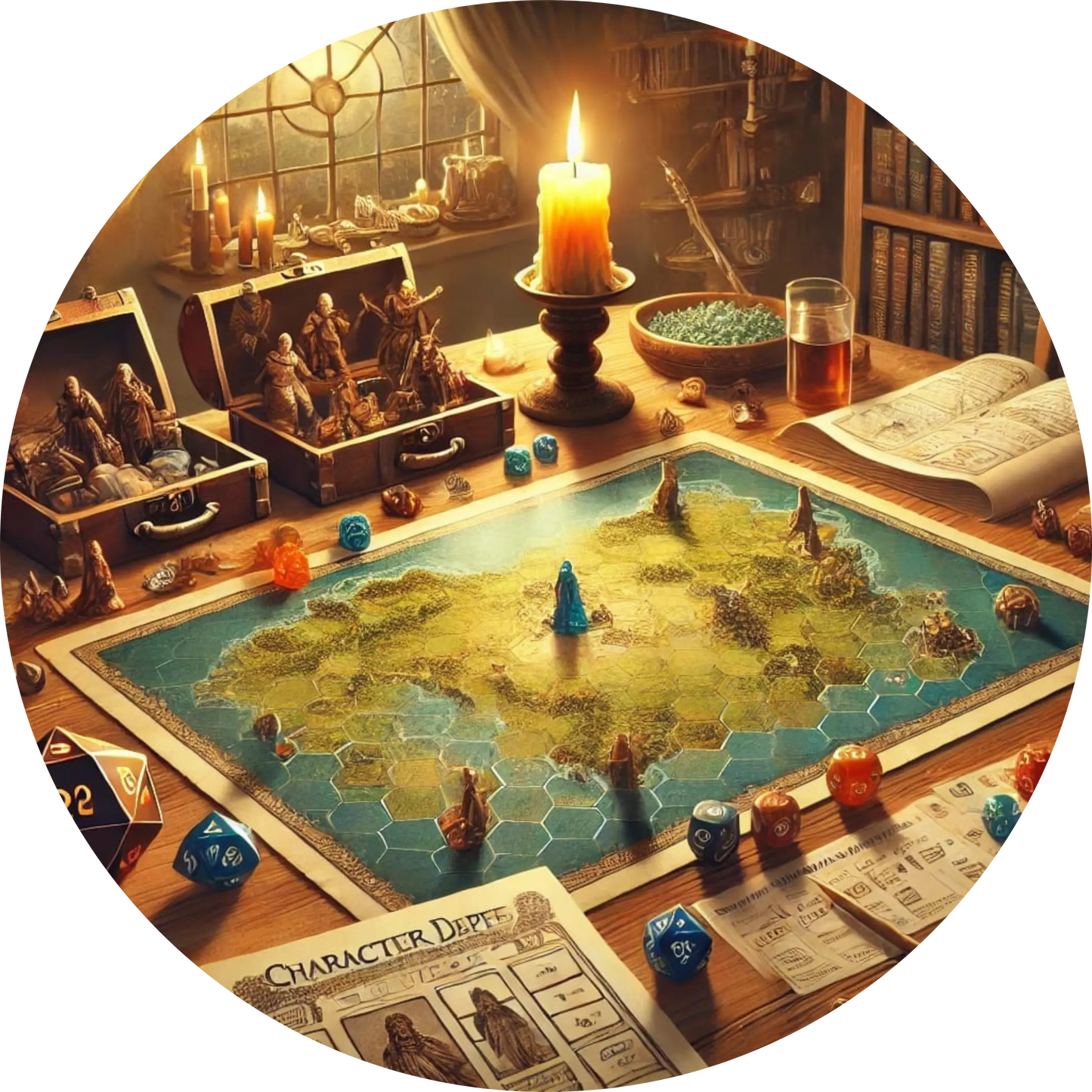 Ein detailreiches Fantasy-Brettspiel mit Spielfiguren, Würfeln und einer Kerze – perfekt für Rollenspiel-, Brettspiel- und Fantasy-Fans.