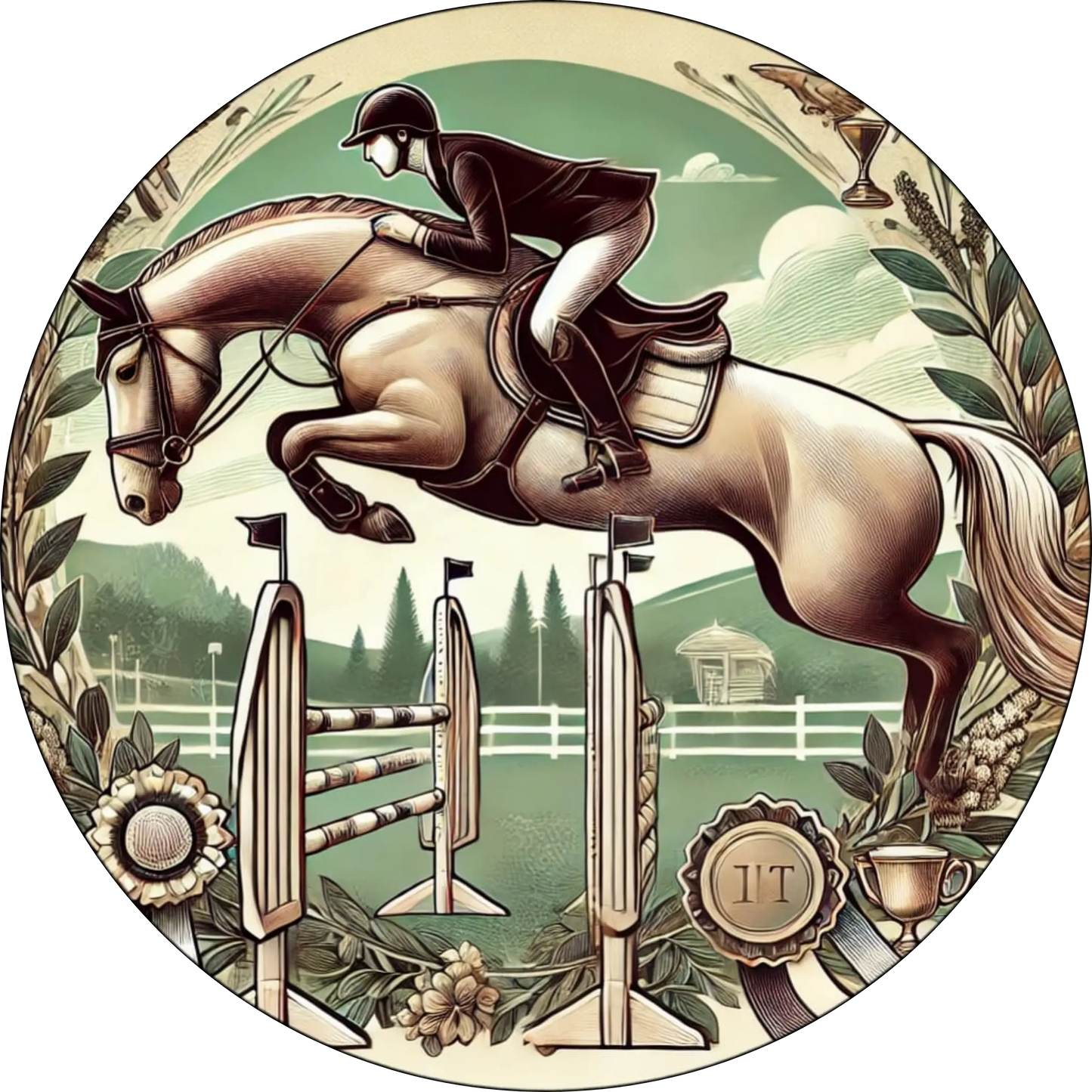 Ein Reiter in voller Bewegung beim Springreiten über ein Hindernis – dynamisches Bild für Reitturniere, Pferdesport & Wettbewerbsmotive.