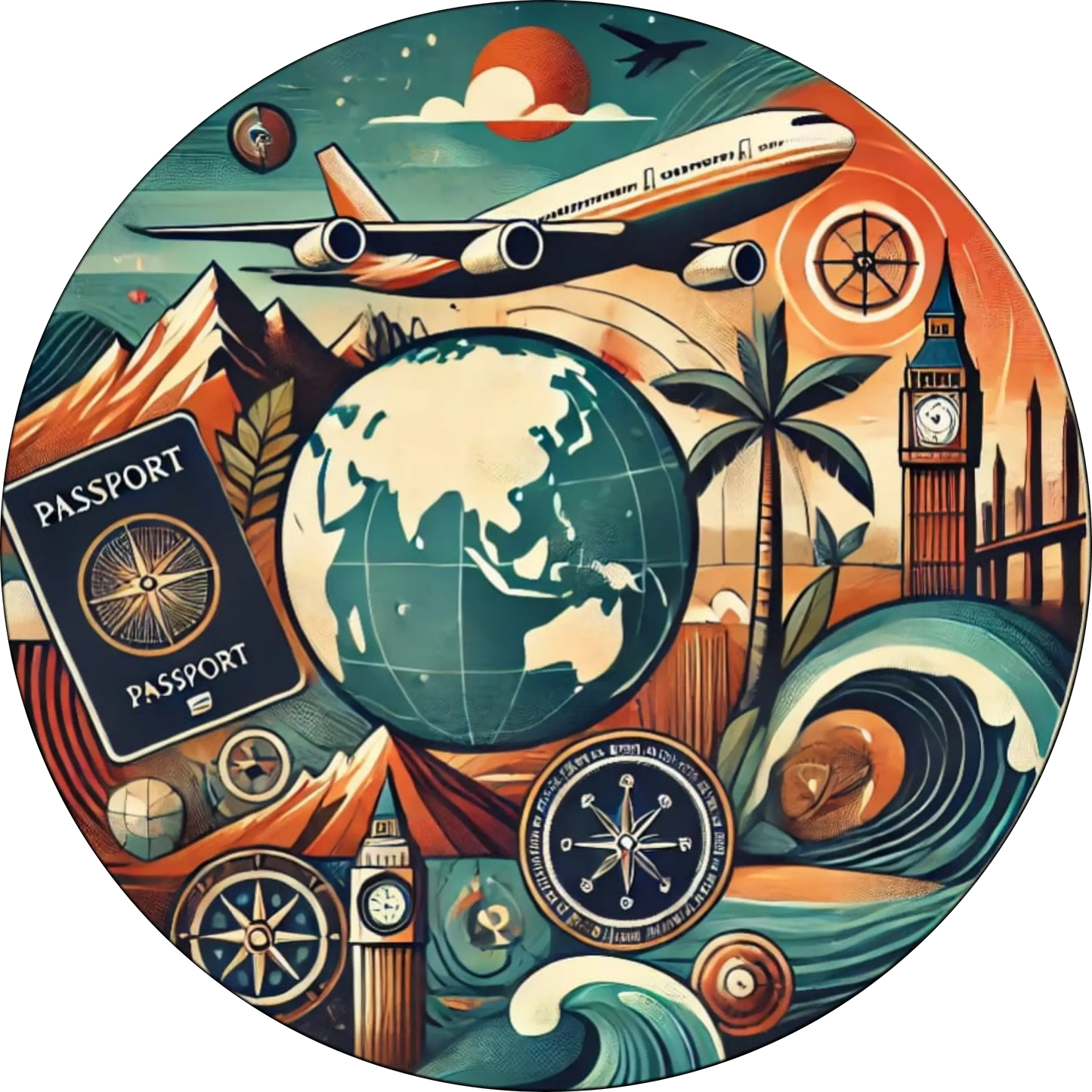 Verspielte Collage aus Weltkarte, Koffer, Kompass und Kamera – ideales Design für Weltenbummler, Reise-Enthusiasten und Globetrotter.
