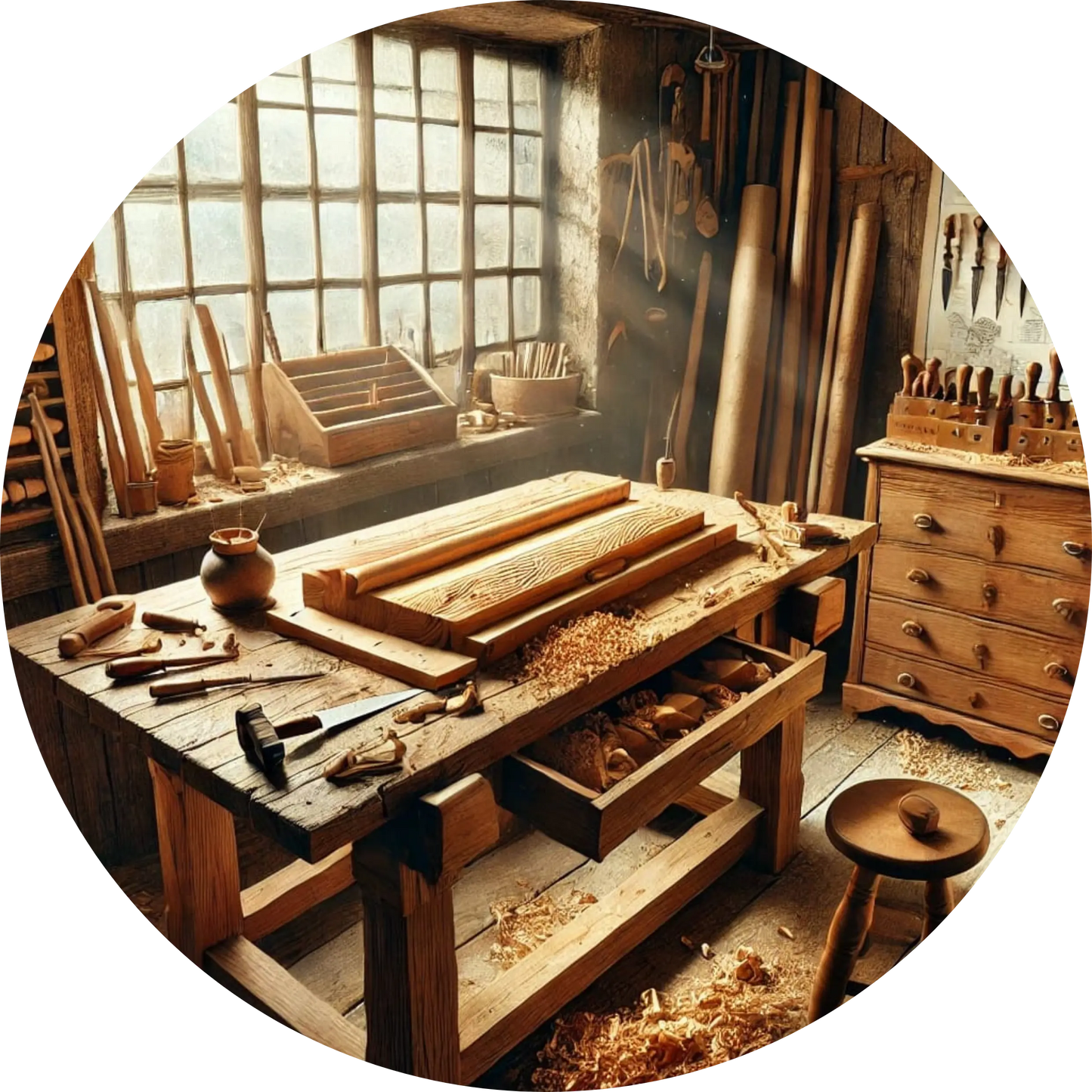 Helles Holzatelier mit Werkbank, Hobel, Lineal und Holzskulpturen in Bearbeitung – perfekt für Hobby-Schreiner*innen und DIY-Projekte mit traditioneller Holzarbeit.