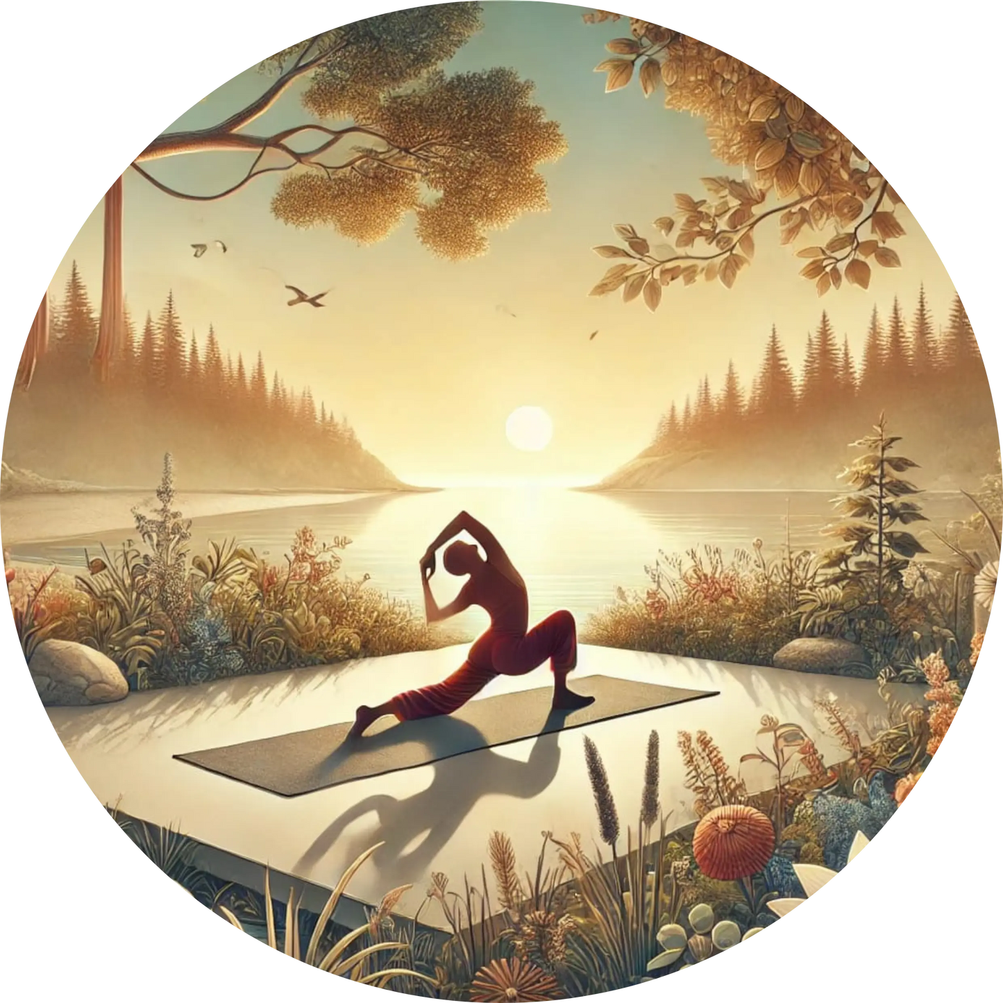 Illustration einer Frau in der Yoga-Kriegerpose auf einer Holzplattform am See, umgeben von sanften Hügeln und Bäumen bei Sonnenaufgang – Symbol für Achtsamkeit und inneres Gleichgewicht.