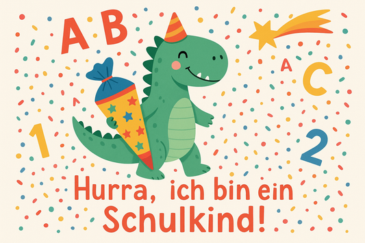 Dino mit Schultüte vor Zahlen-ABC-Hintergrund und Text „Hurra, ich bin ein Schulkind!“
