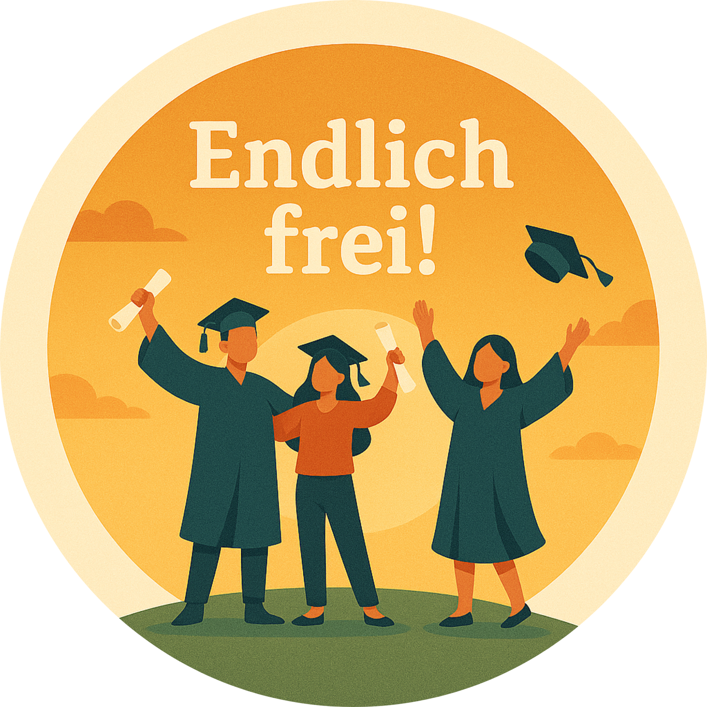 Illustration von drei feiernden Absolventen mit Hüten und Schriftzug „Endlich frei!“ auf orangem Hintergrund

