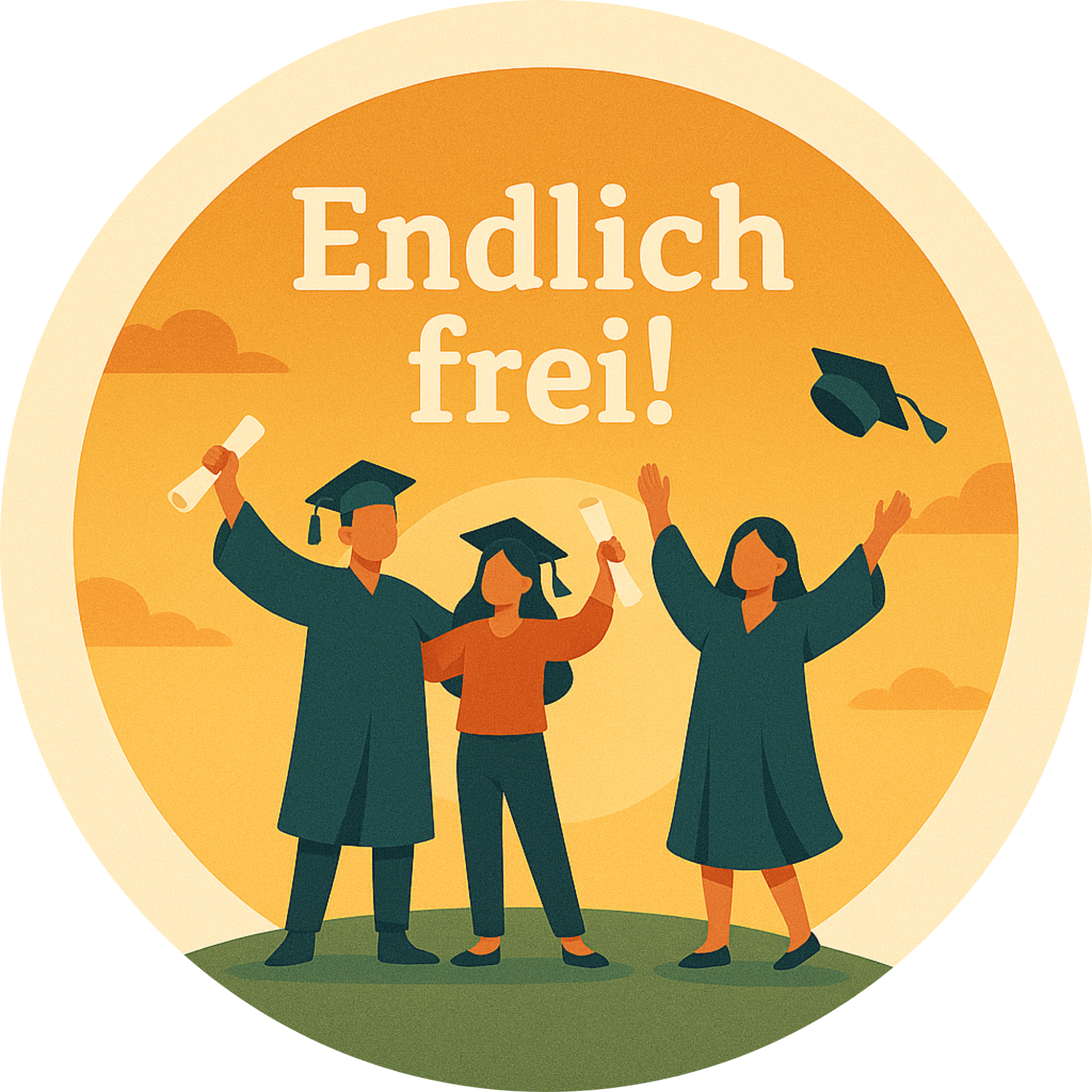 Illustration von drei feiernden Absolventen mit Hüten und Schriftzug „Endlich frei!“ auf orangem Hintergrund
