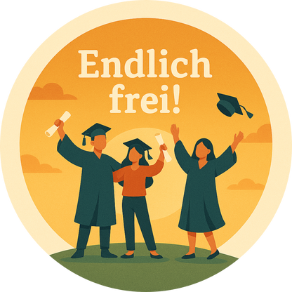 Illustration von drei feiernden Absolventen mit Hüten und Schriftzug „Endlich frei!“ auf orangem Hintergrund
