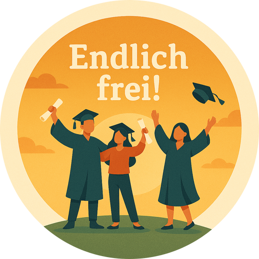 Illustration von drei feiernden Absolventen mit Hüten und Schriftzug „Endlich frei!“ auf orangem Hintergrund
