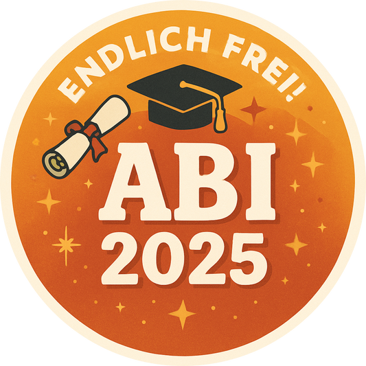 Runder Aufleger in Orange mit Mütze und Schrift „Endlich frei! ABI 2025“